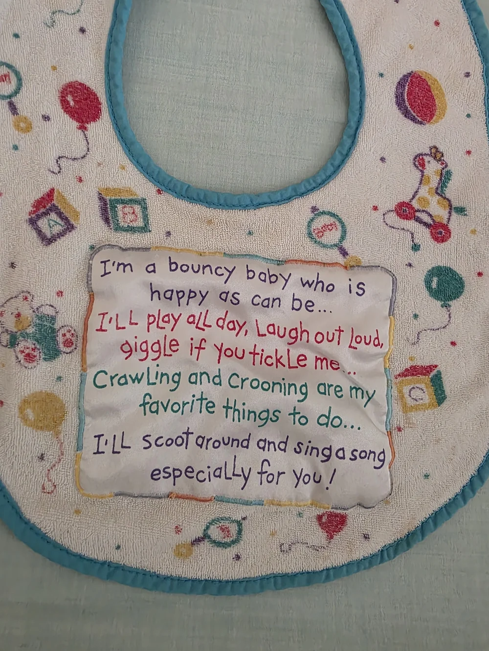 Vintage 1995 Baby Bib with Playful Nursery Print - White & Teal Trim